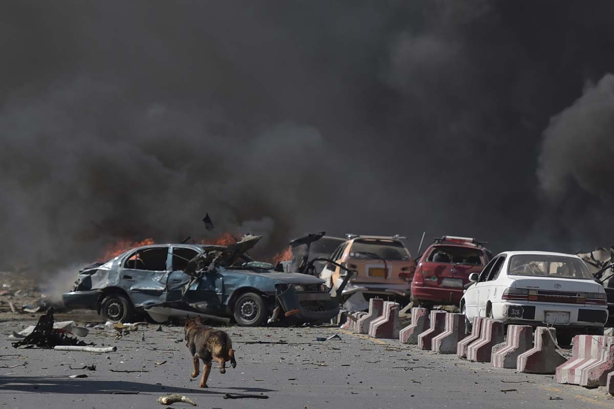 A dog is seen running at the site of a car bomb attack in Kabul on May 31, 2017. At least 40 people were killed or wounded on May 31 as a massive blast ripped through Kabul's diplomatic quarter, shattering the morning rush hour and bringing carnage to the
