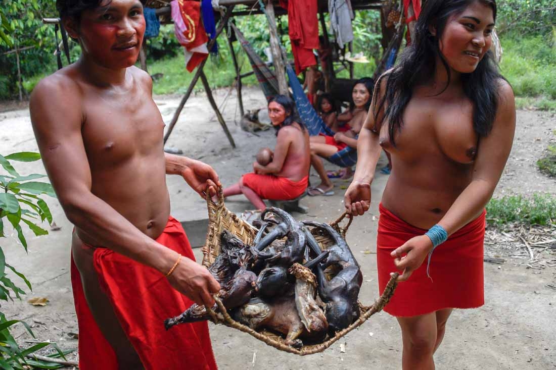 Waiapi people show roasted monkeys and deers as part of Waiapi's diet, mainly based in Manioc and fruits, at the reserve in Amapa state in Brazil on October 13, 2017.