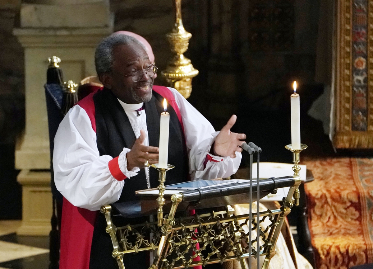 Bishop Michael Bruce Curry gives a reading during the wedding ceremony of Britain's Prince Harry, Duke of Sussex and US actress Meghan Markle in St George's Chapel, Windsor Castle, in Windsor, on May 19, 2018. / AFP PHOTO / POOL / Owen Humphreys