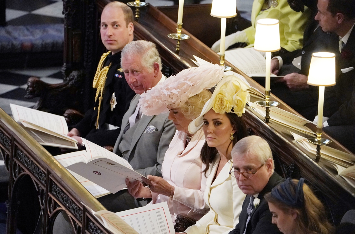 (L-R) Britain's Prince William, Duke of Cambridge, Britain's Prince Charles, Prince of Wales, Britain's Camilla, Duchess of Cornwall, Britain's Catherine, Duchess of Cambridge, Britain's Prince Andrew, Duke of York and Britain's Princess Beatrice of York