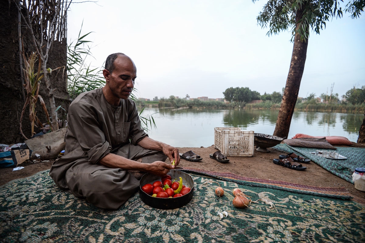 An Egyptian fisherman roasts fish on a coal bed, by the Pharaonic Sea in the village of Kafr Fisha, province of Munuf, on June 16, 2018.