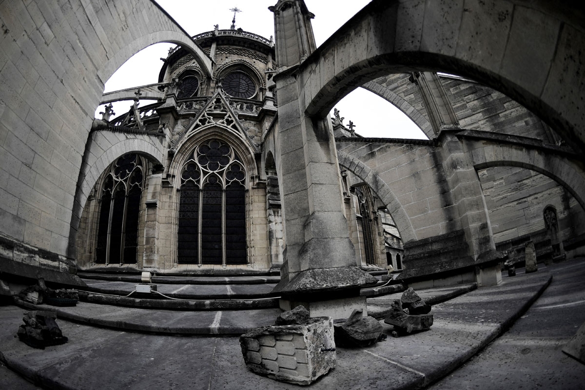 A picture taken on June 28, 2017 shows remains on the roof of Notre-Dame cathedral in Paris, as the monument needs a huge restoration. /