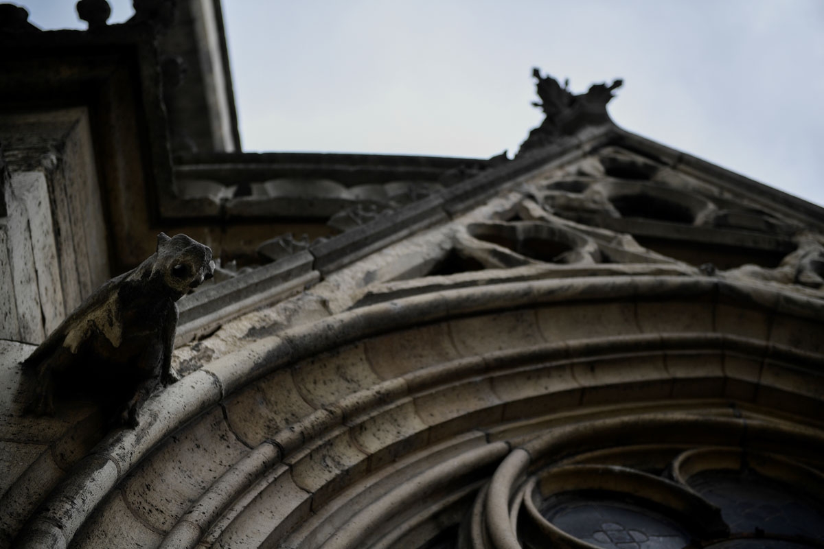 A picture taken on June 28, 2017 shows gargoyles on the roof of Notre-Dame cathedral in Paris, as the monument needs a huge restoration