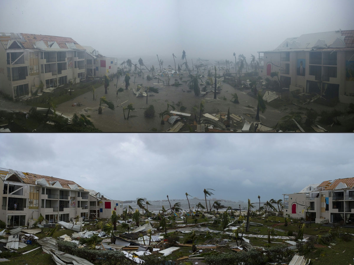 COMBO) This combination of pictures created on September 7, 2017 shows panoramic photos taken on September 6, 2017 of the Hotel Mercure in Marigot, near the Bay of Nettle, on the French Collectivity of Saint Martin, during and after the passage of Hurrica