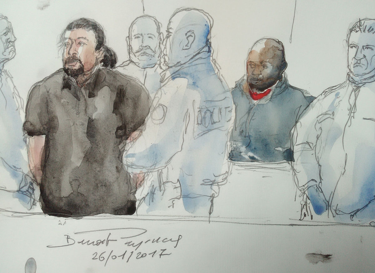 In this courtroom sketch made on January 26, 2017 at the court in Bobigny, suburban Paris, shows Jawad Bendaoud (L) who allegedly accomodated Jihadists involved in the November 13, 2015 terror attacks in Paris, and Mohamed Soumah (L) who is beleived to ha