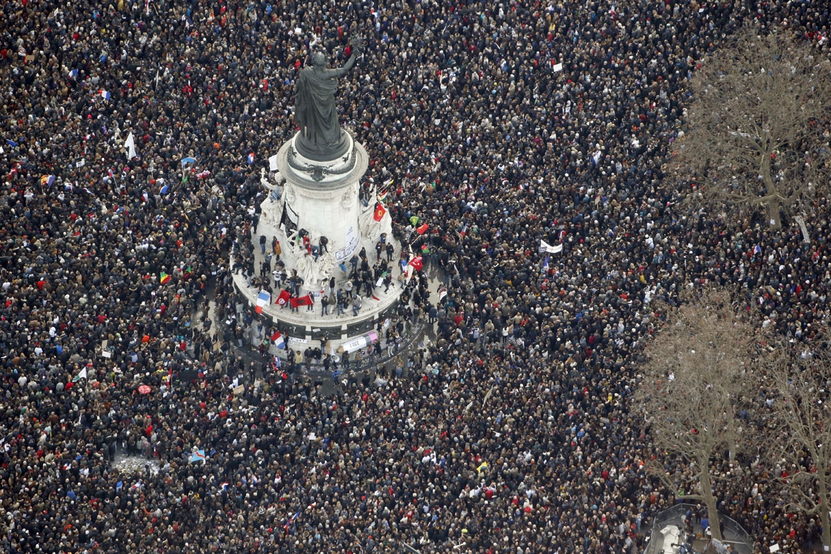 This picture taken on on January 11, 2015 shows an aerial view of people attending the Unity rally Marche Republicaine at the Place de la Republique (Republique's square) in Paris in tribute to the 17 victims of a three-day killing spree by homegrow This picture taken on on January 11, 2015 shows an aerial view of people attending the Unity rally Marche Republicaine at the Place de la Republique (Republique's square) in Paris in tribute to the 17 victims of a three-day killing spree by homegrow