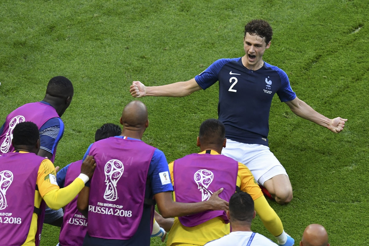 France's defender Benjamin Pavard celebrates after scoring his team's second goal during the Russia 2018 World Cup round of 16 football match between France and Argentina at the Kazan Arena in Kazan on June 30, 2018.