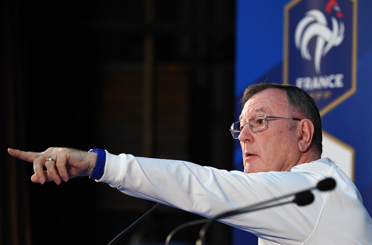France's press offcier Philippe Tournon gestures during a press conference in Istra on July 13, 2018, two days before the Russia 2018 World Cup final football match between France and Croatia. Tournon is due to retire at the end of the 2018 World Cup. /
