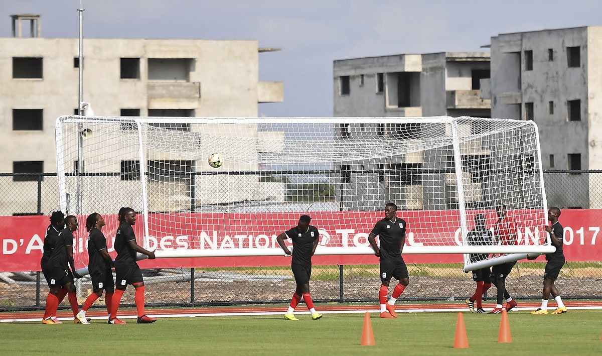 Uganda's national football team move a goal as they take part in a training session in Port-Gentil on January 19, 2017, during the 2017 Africa Cup of Nations football tournament in Gabon.