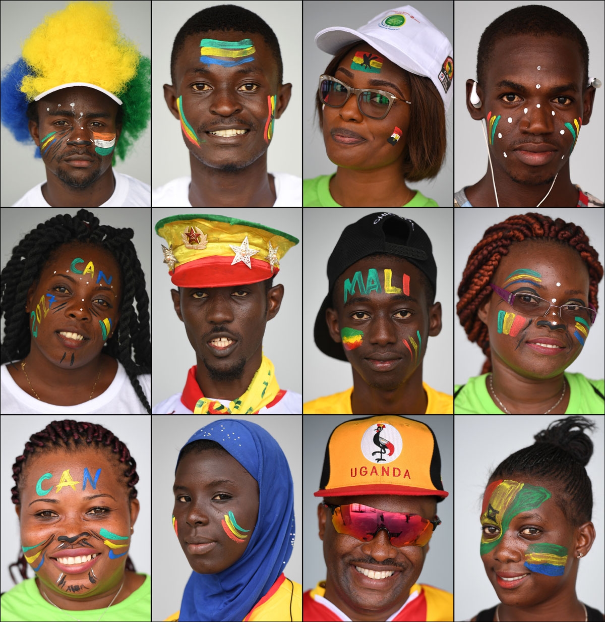 Combination photo made on 23 January 2017 shows football supporters posing ahead of the 2017 Africa Cup of Nations matches in Port-Gentil. /