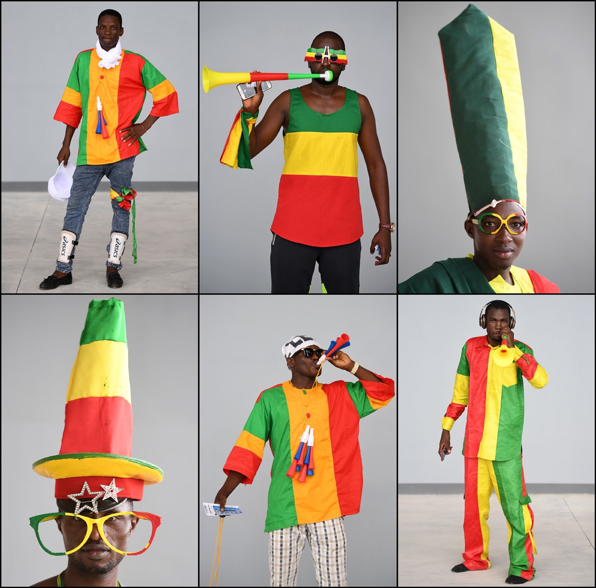 Combination photo made on 23 January 2017 shows Mali supporter posing ahead of the 2017 Africa Cup of Nations group D football match between Ghana and Mali in Port-Gentil on January 21, 2017.