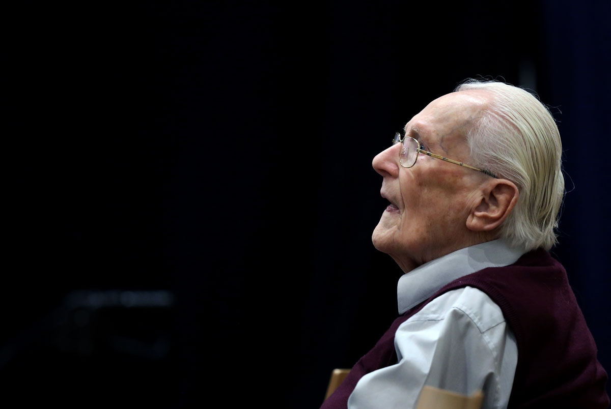 Defendant and German former SS officer Oskar Groening , 94, dubbed the bookkeeper of Auschwitz, sits on July 1, 2015 at the courtroom at the 'Ritterakademie' venue in Lueneburg, northern Germanyahead of his trial
