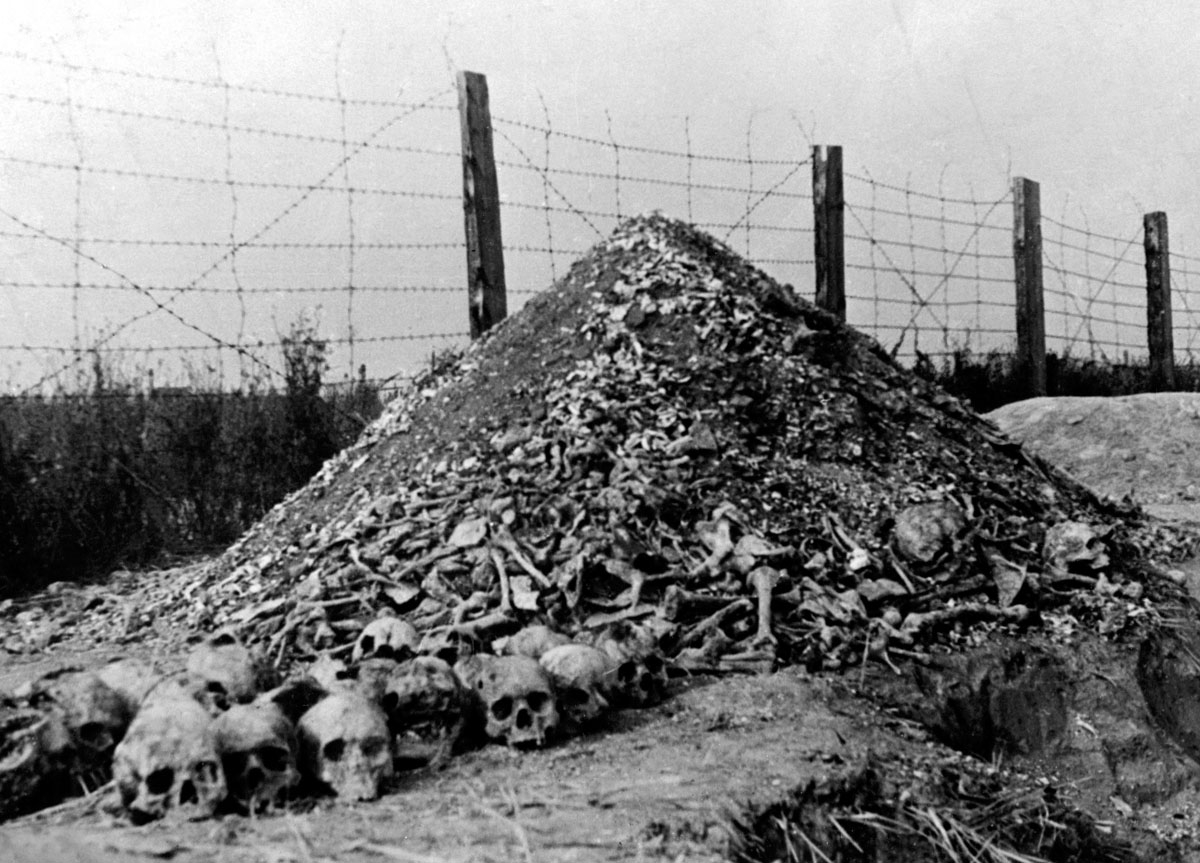 A pile of human bones and skulls is seen in 1944 at the Nazi concentration camp of Majdanek in the outskirts of Lublin, the second largest death camp in Poland after Auschwitz, following its liberation in 1944 by Russian troops.