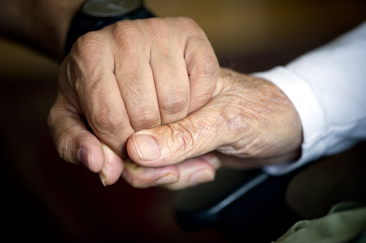 A 92-year-old man holds the hand of his carer in the Aliacare home for the elderly in Berlin, October 8, 2013.