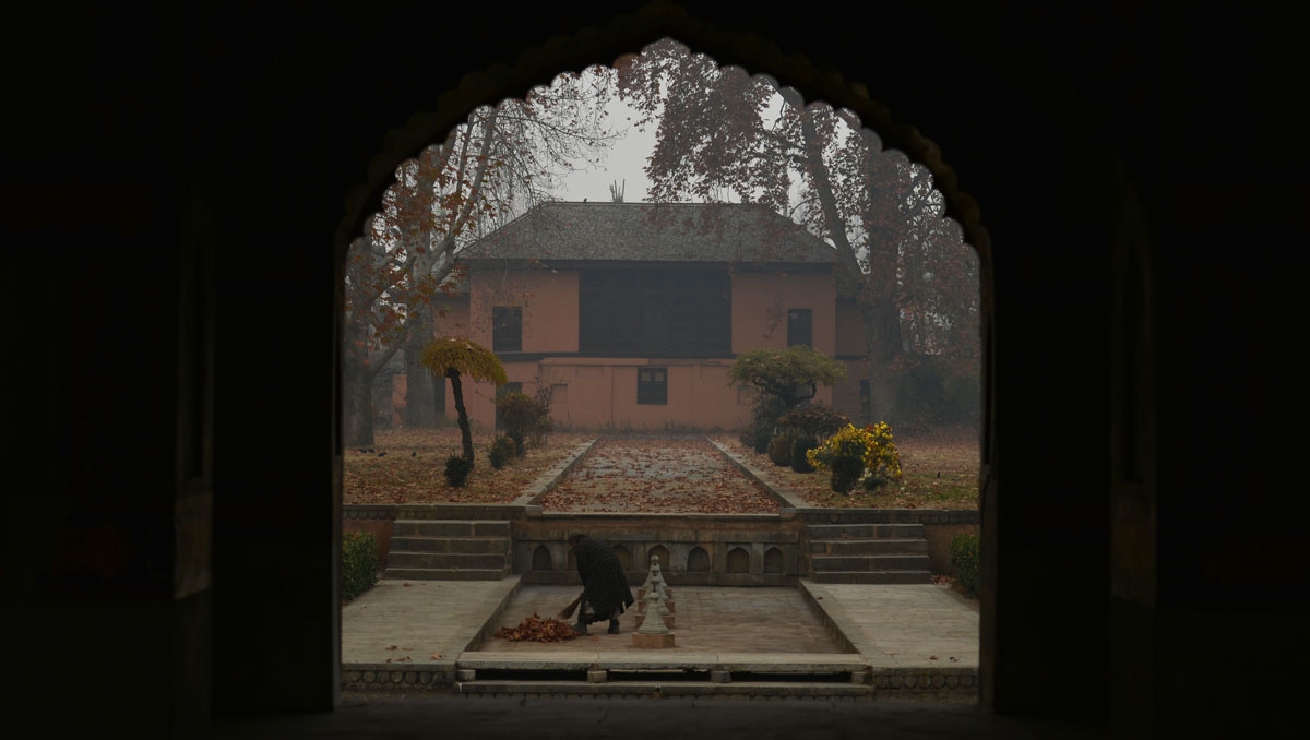 A man collects leaves of mapple trees inside a Mughal garden during a dense fog in Srinagar on November 20, 2016