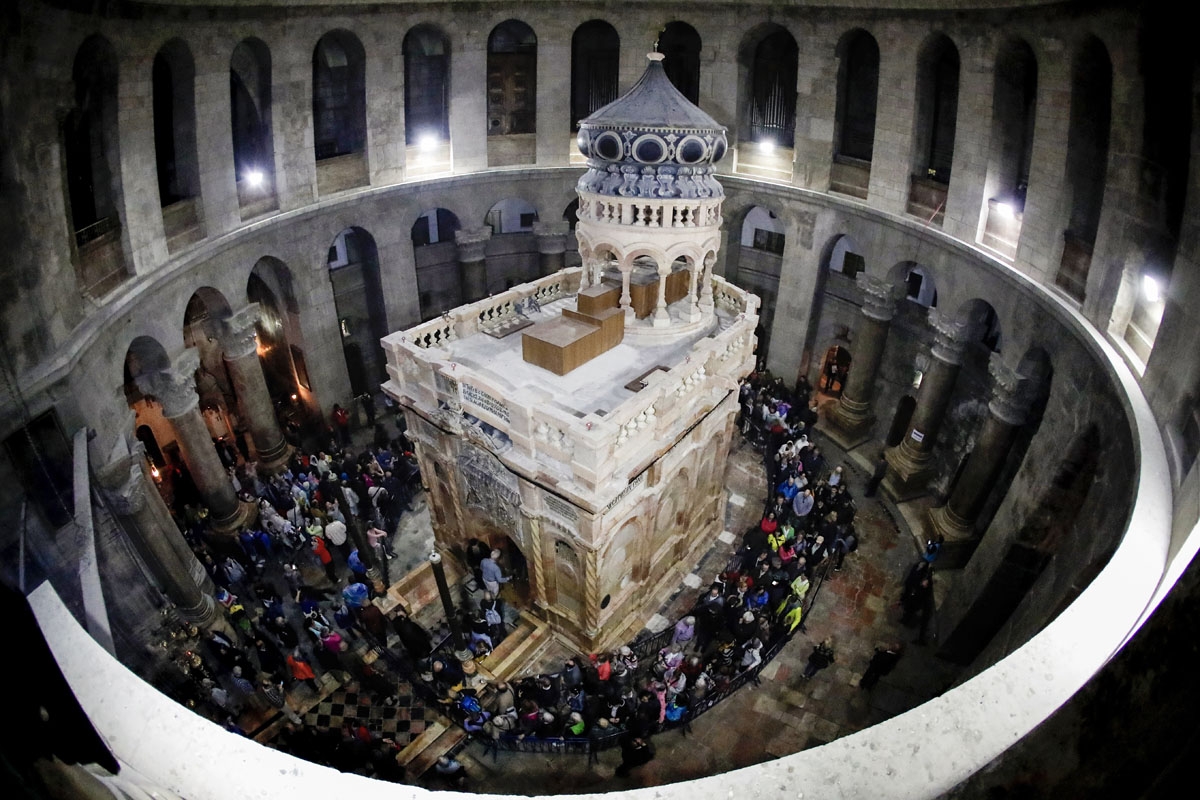 A picture taken on March 21, 2017 at the Church of the Holy Sepulchre in the Old City of Jerusalem shows the renovated Edicule of the Tomb of Jesus (where his body is believed to have been laid).