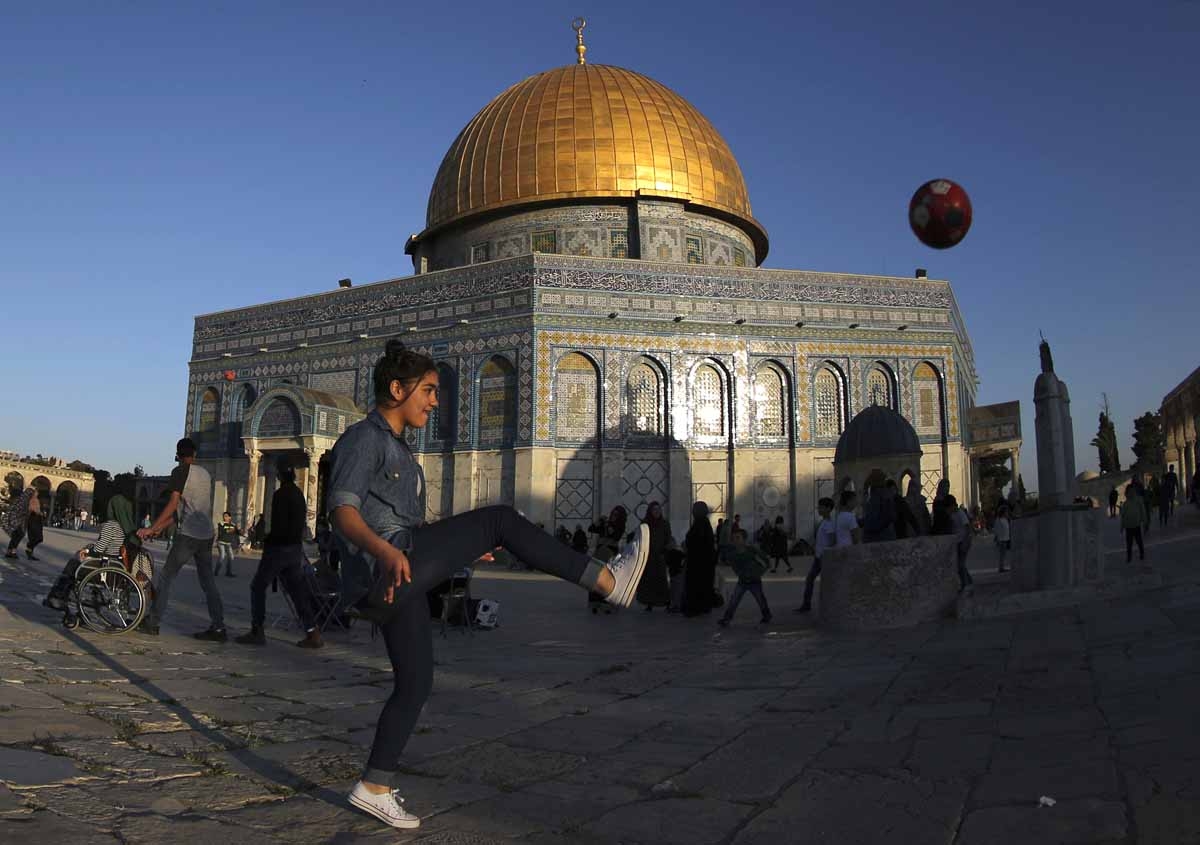 Playing football at the Al-Aqsa Mosque compound, April, 2017.