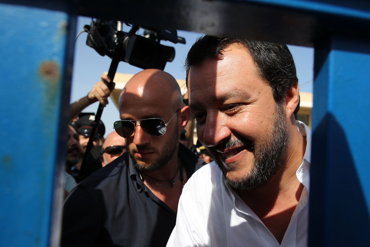 Italy's new hardline interior minister Matteo Salvini arrives at the reception centre (CPSA) in Pozzallo, sicily, on June 3,2018.