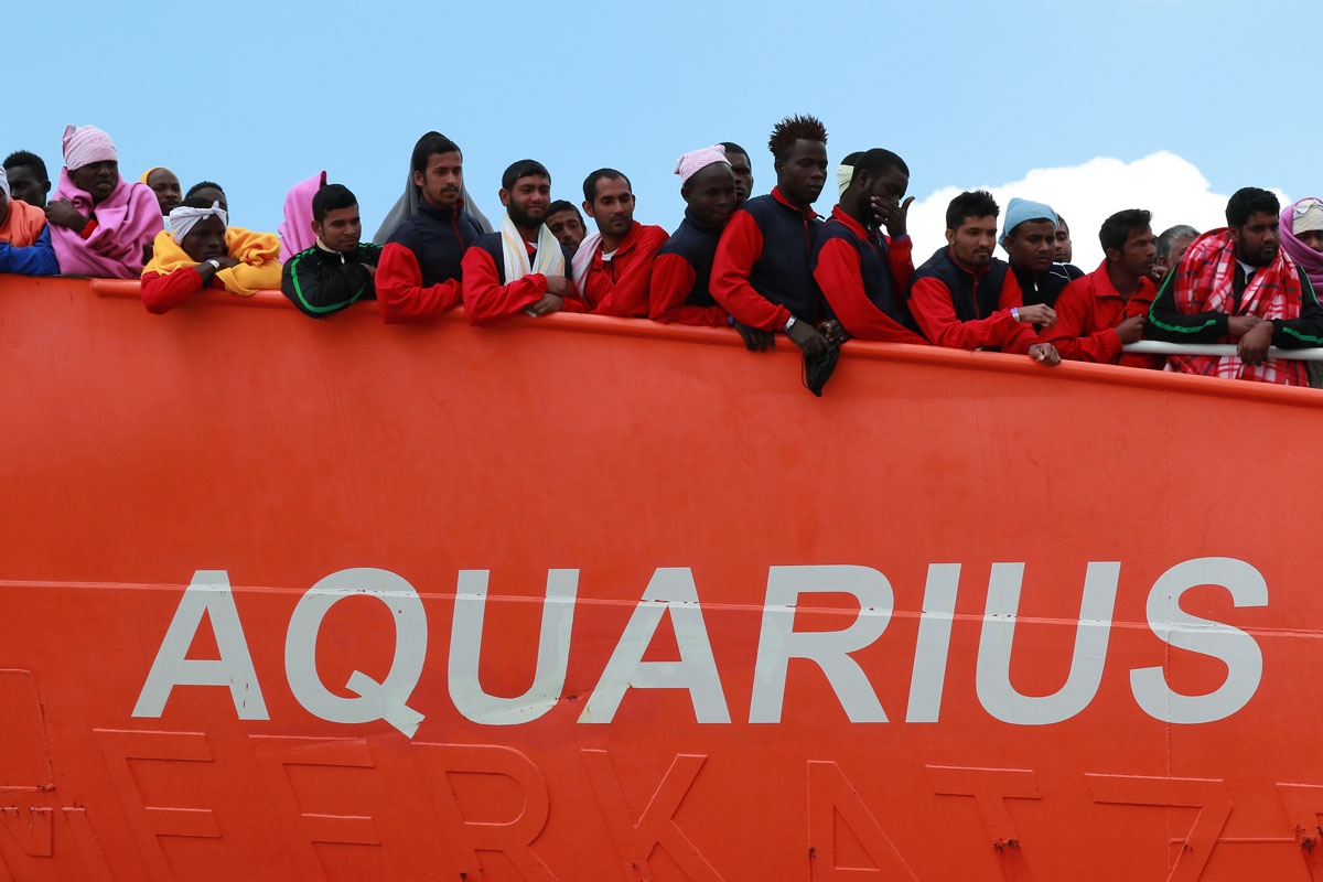 The Aquarius rescue Ship run by NGO S.O.S. Mediterranee and Medecins Sans Frontieres arrive in the port of Salerno with 1004 migrants including 240 children rescued in the Mediterranean sea, on May 26 2017.