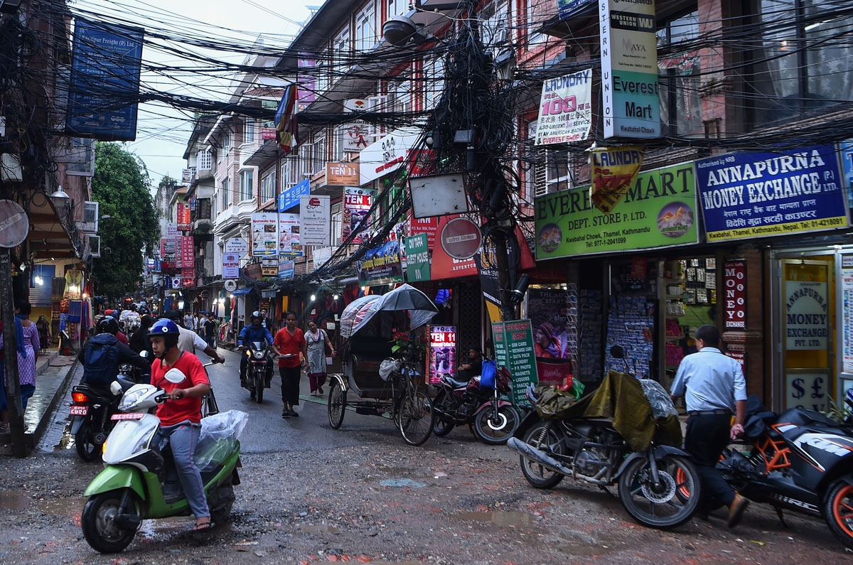 A busy street in Kathmandu's Thamel tourist district, September, 2018.
