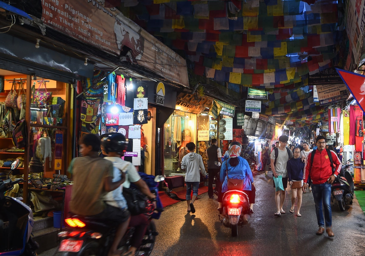Kathmandu's busy Thamel commercial tourist area, September, 2018.