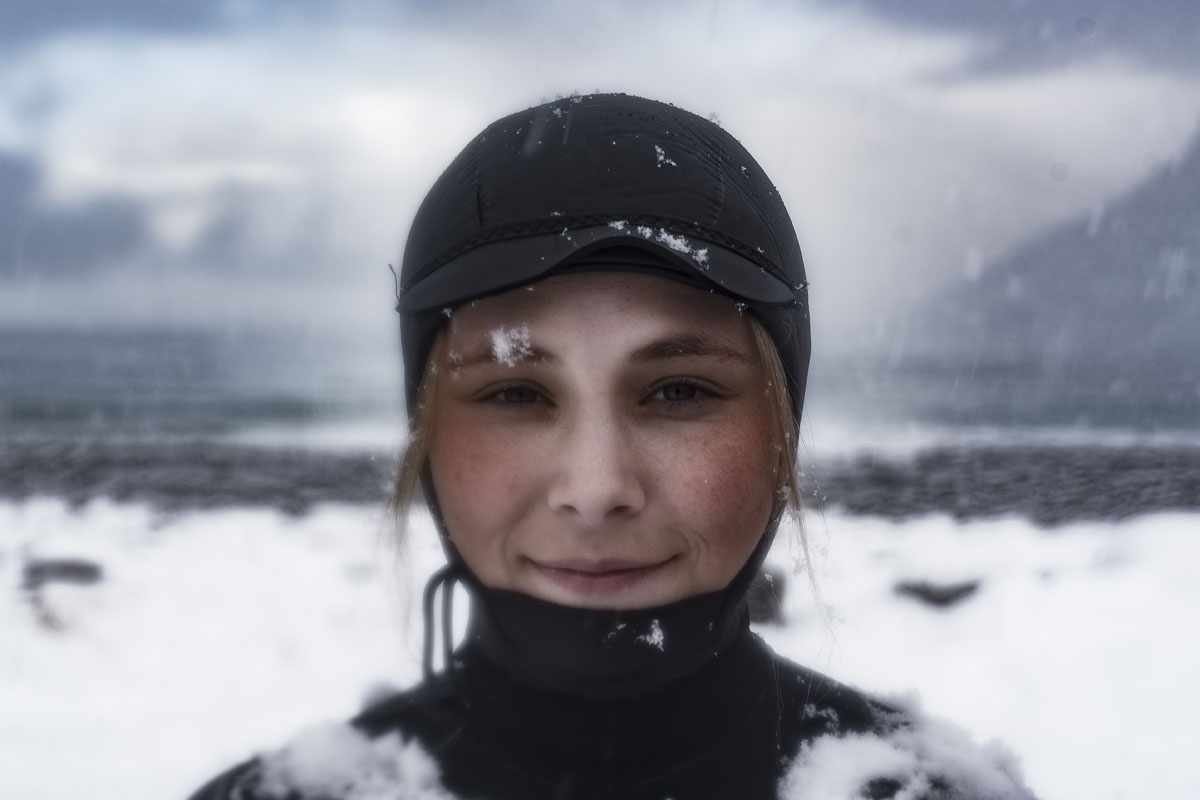 Solmoy Austbo from Norway poses after a surf session, on March 11, 2018 in Unstad northern Norway, Lofoten islands, within the Arctic Circle as air temperature drops minus 13°C and water temperature above 4°C.