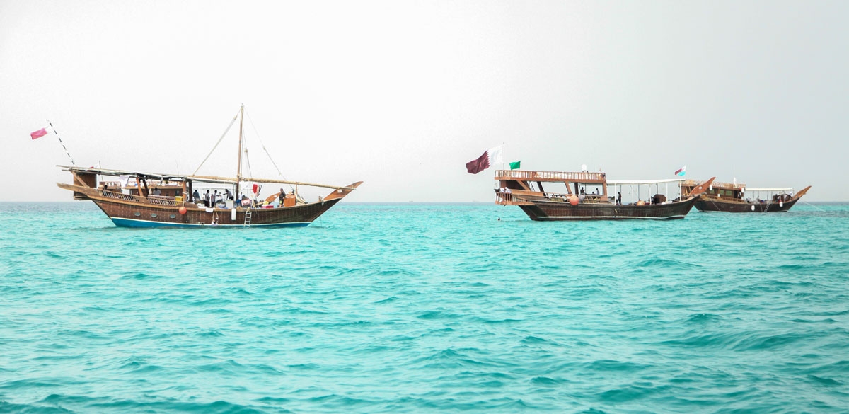 Traditional dhow boats off the south eastern coast of Qatar, April, 2015.