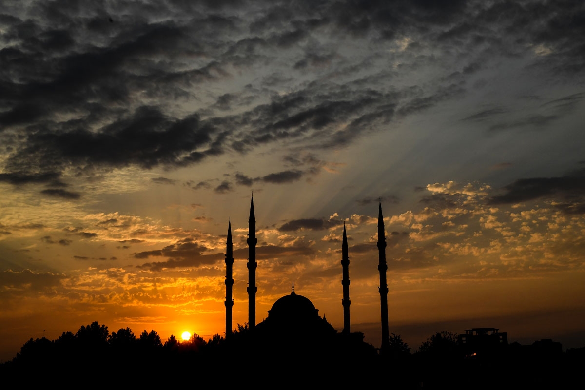 The sun sets over the Heart of Chechnya mosque in central Grozny on July 24, 2017.
