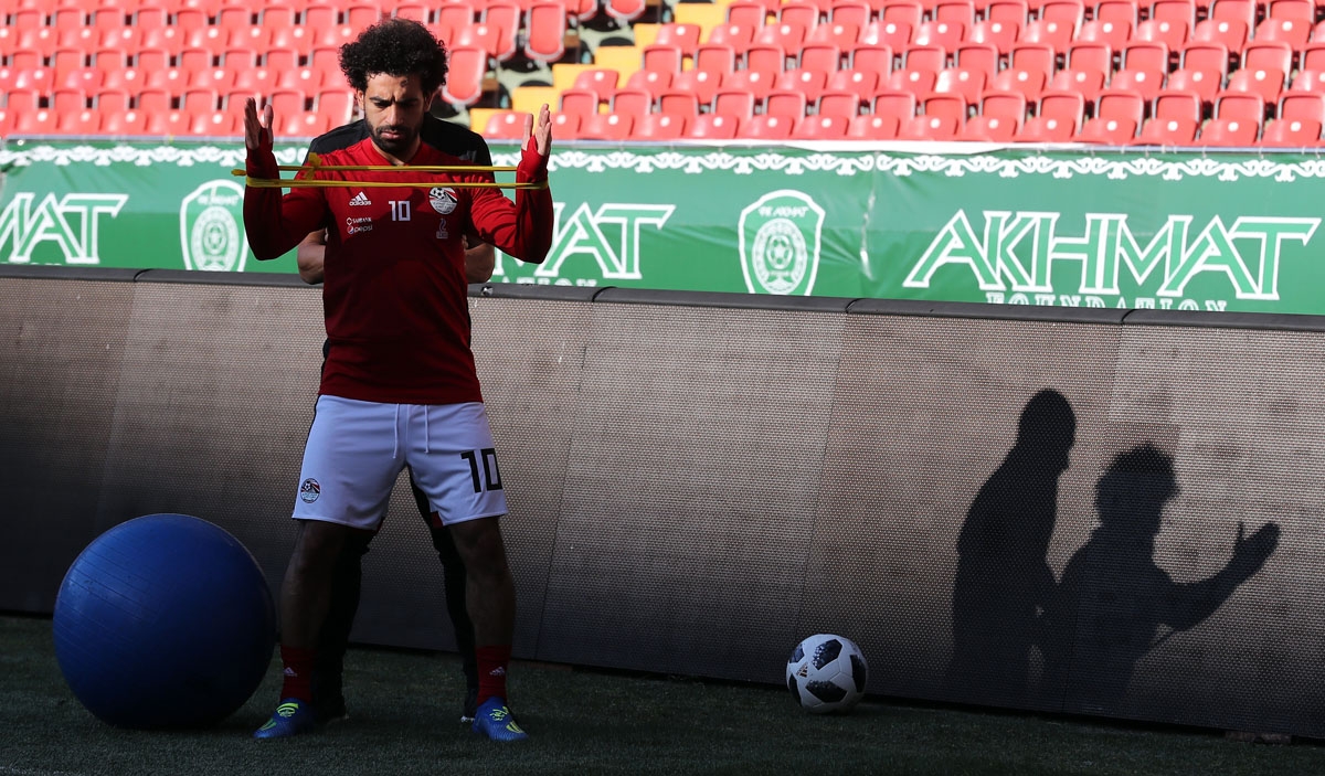 Egypt's forward Mohamed Salah attends a training session at the Akhmat Arena stadium in Grozny on June 12, 2018, ahead of the Russia 2018 World Cup football tournament.