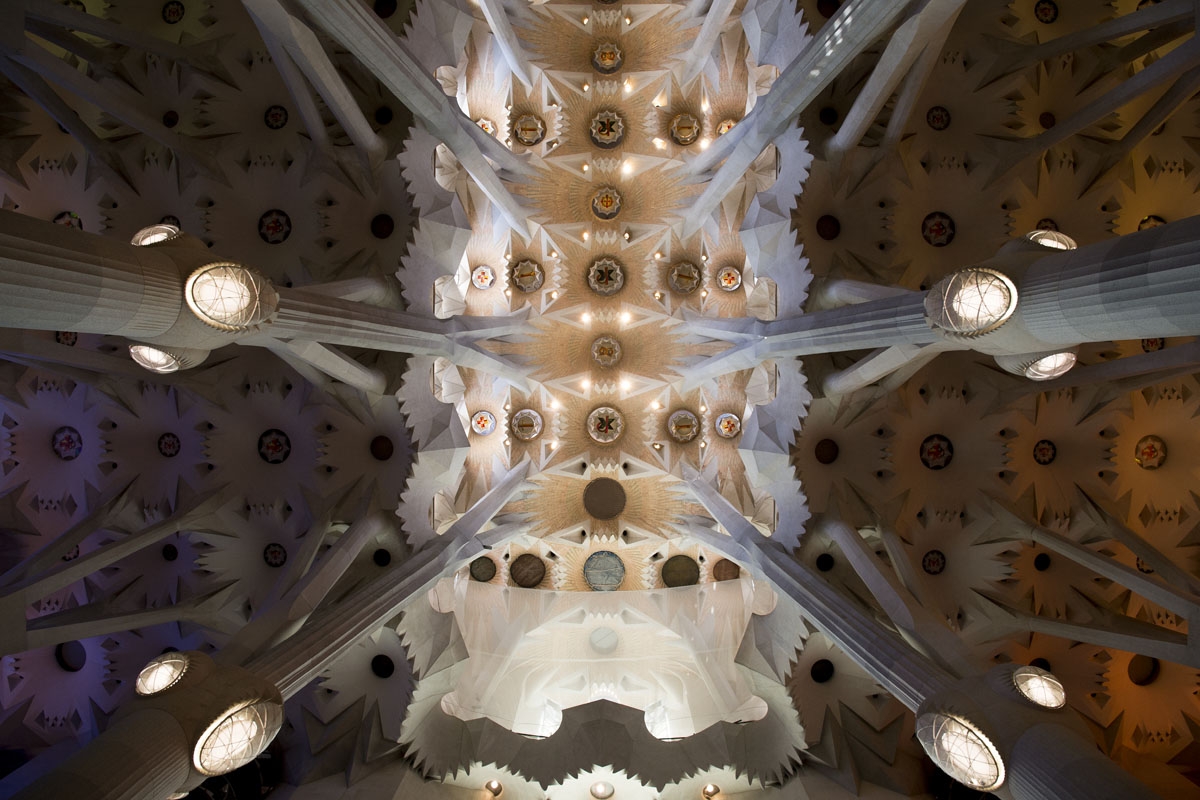 Picture shows the ceiling of the Expiatory Church of the Sagrada Familia (Holy Family) basilica, designed by Spanish architect Antoni Gaudi, in Barcelona on September 24, 2016.