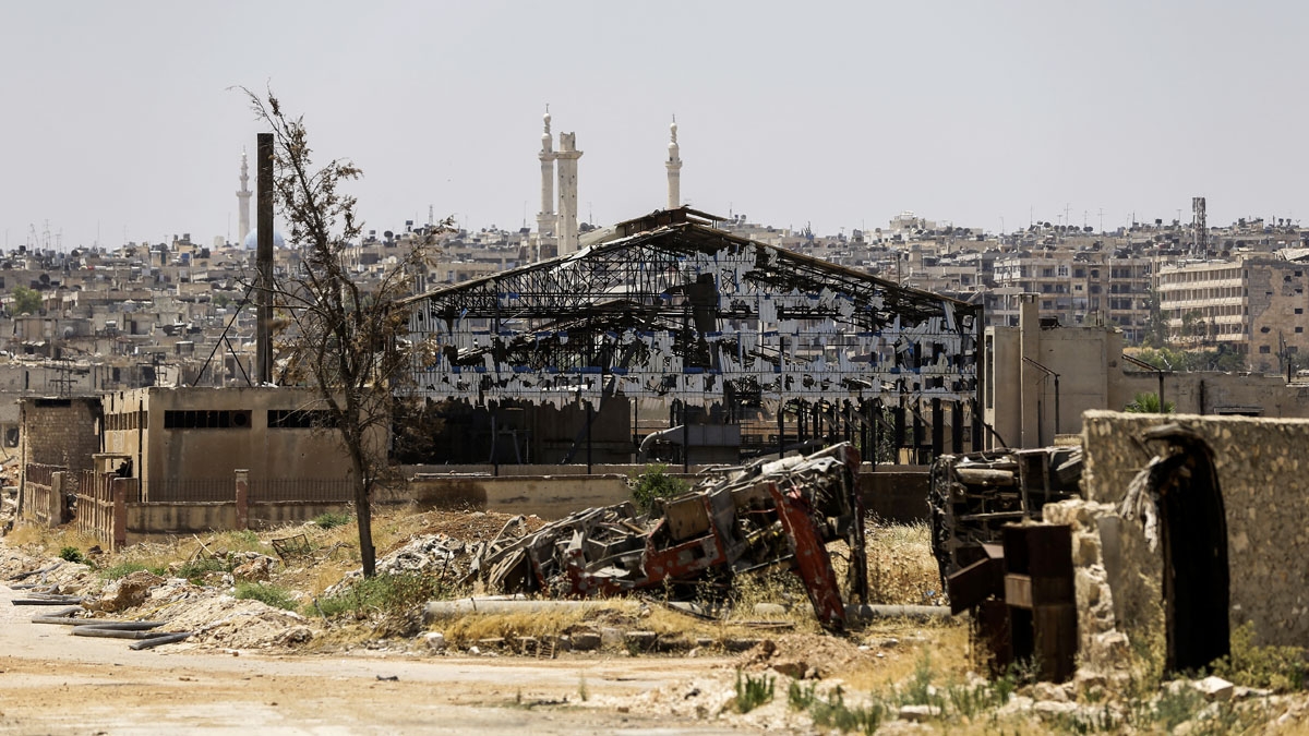 A picture shows a destroyed factory in Aleppo's northwest Layramoun industrial district on July 5, 2017