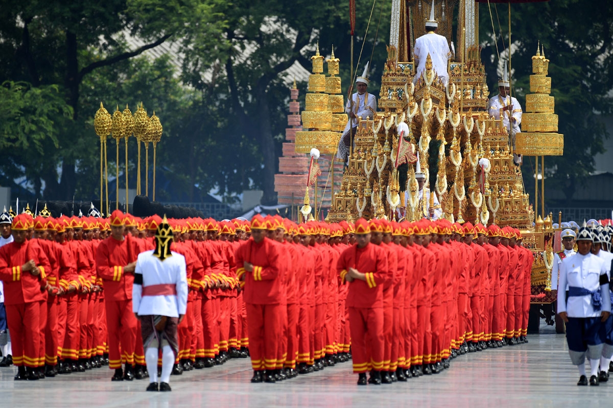 The Royal Urn is carried in the Royal Chariot during the funeral procession for the late Thai king Bhumibol Adulyadej in Bangkok on October 26, 2017.