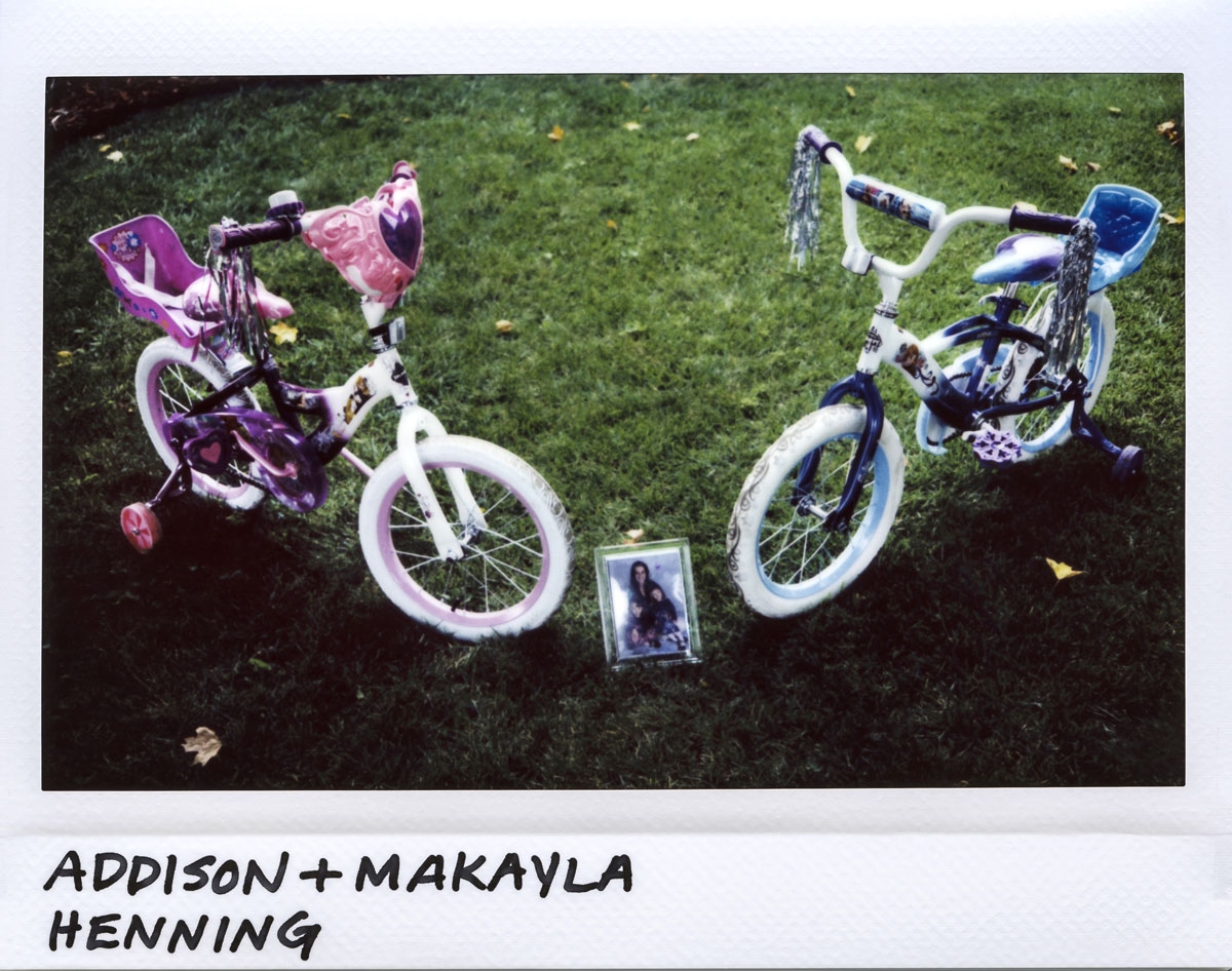 The bicycles of 5-year-old twins Addison and Makayla Henning are seen on their front lawn in the 400 block of North Reed Street in suburban Joliet, Illinois on August 31, 2017. The girls died from multiple gun shots to the head and their mother Celisa He