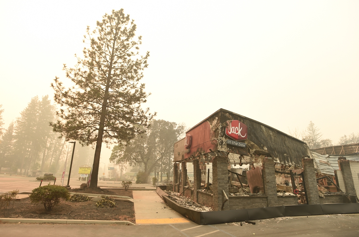 A burned out Jack In The Box restaurant is seen in downtown Paradise, California, after the Camp fire tore through on November 10, 2018.