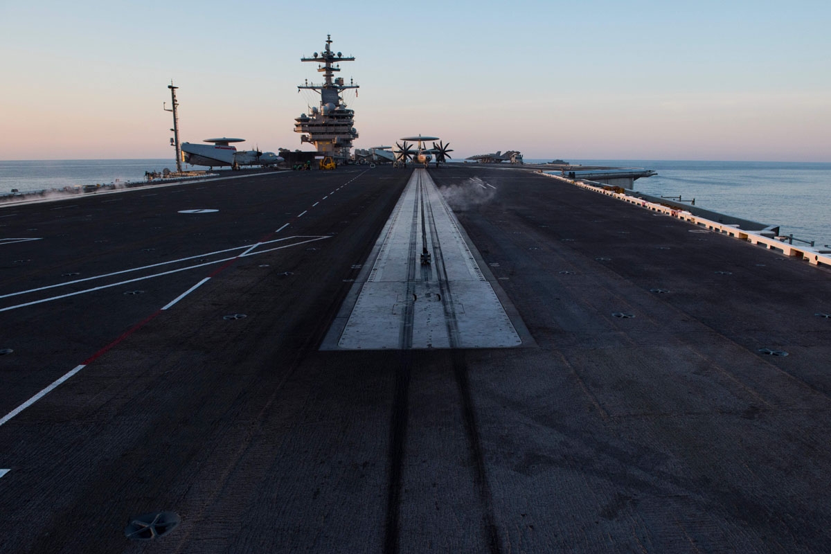 The end of the catapult runway is seen early in the morning on the deck of the the USS George H.W. Bush aircraft carrier on May 12, 2018 in the Atlantic Ocean