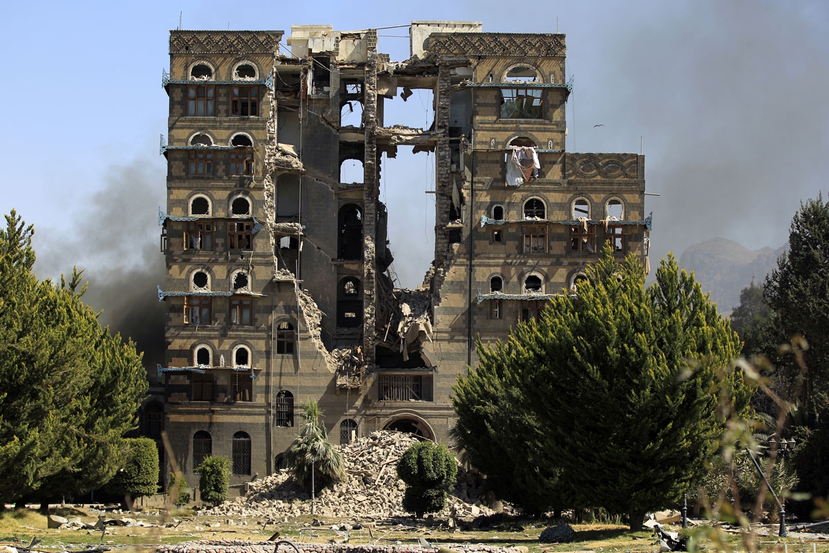 A picture taken on December 5, 2017, shows the damage after a reported air strike carried out by the Saudi-led coalition targeted the presidential palace in Yemen's Huthi rebel-held capital Sanaa.