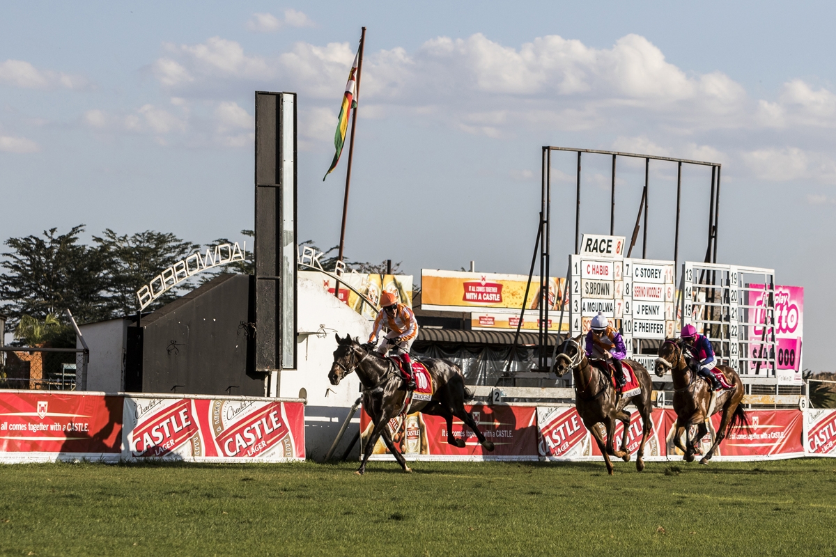 Evert Pheiffer of South Africa races to victory at the finish post during the 55th running of the Castle Tankard, the only Grade One horse race in Zimbabwe, at the Borrowdale Race Course in Harare, on May 6, 2017.
