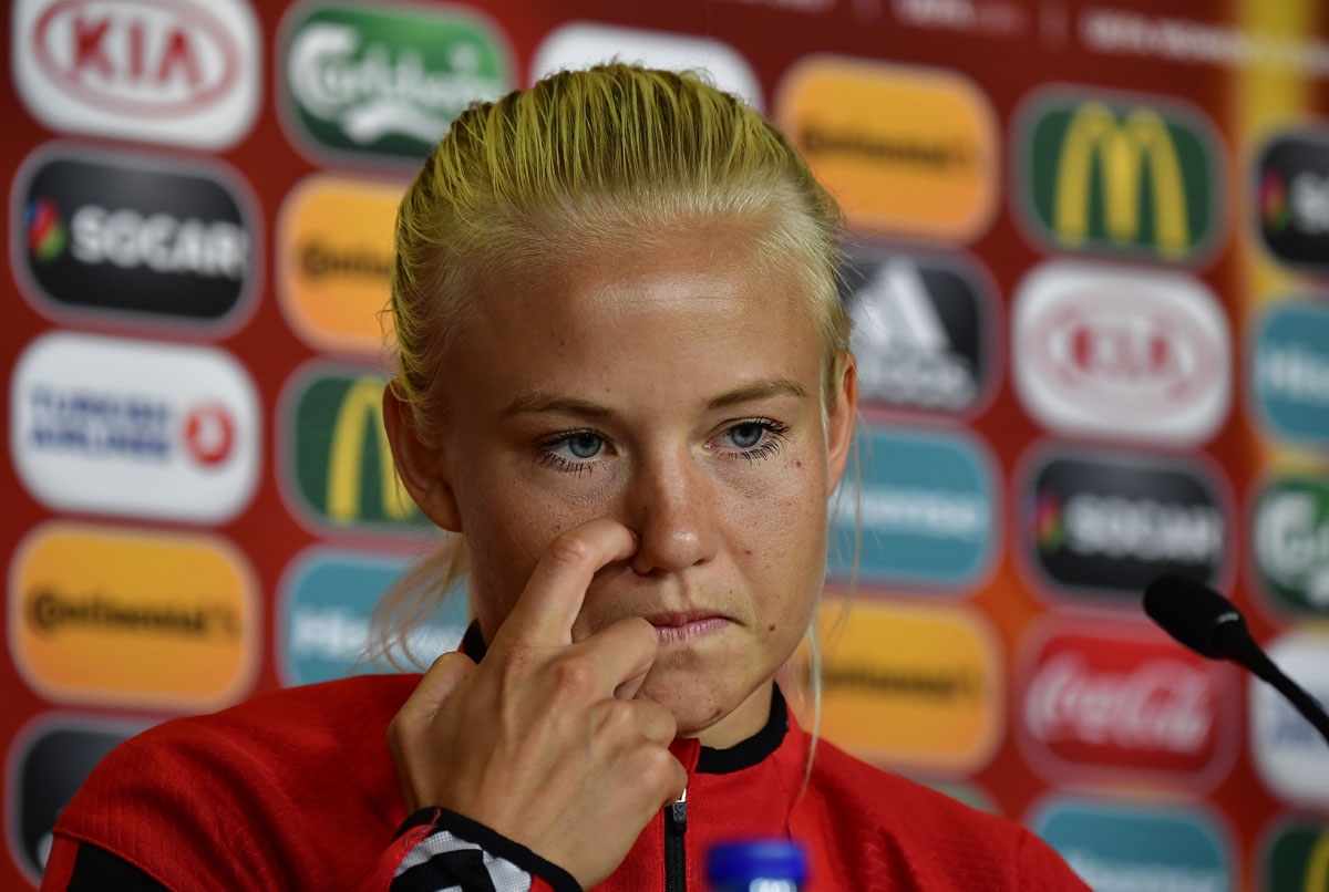 Denmark's forward and captain Pernille Harder attends a press conference on the eve of the UEFA Women's Euro 2017 football match between Denmark and Austria, on August 2, 2017 in Breda.
