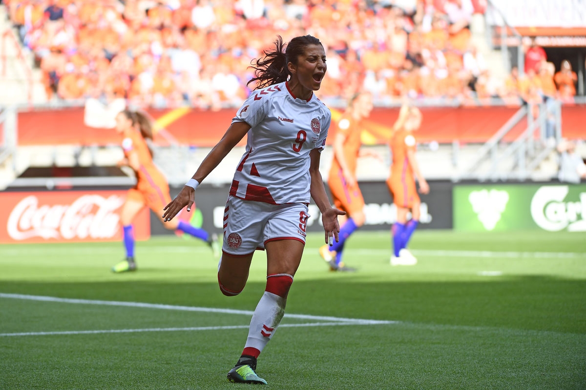 Denmark's forward Nadia Nadim celebrates after scoring a goal during the UEFA Womenâs Euro 2017 football tournament final match between Netherlands and Denmark at Fc Twente Stadium in Enschede on August 6, 2017