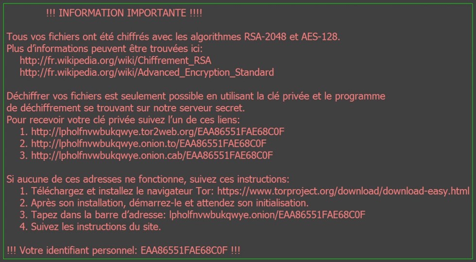 Demande de rançon reçue par un usager affecté par le ransomware Locky (AFP) Demande de rançon reçue par un usager affecté par le ransomware Locky (AFP)