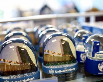 UN souvenirs are displayed in a shop at the 71st session of the UN General Assembly in New York on September 21, 2016.